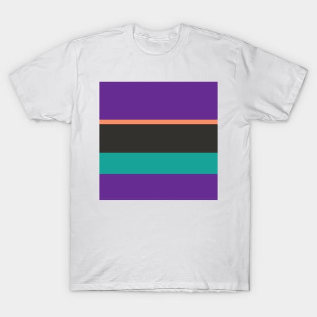 A fabulous consistency of Orange Pink, Big Foot Feet, Purple, Persian Green and Dark Charcoal stripes. T-Shirt by Sociable Stripes